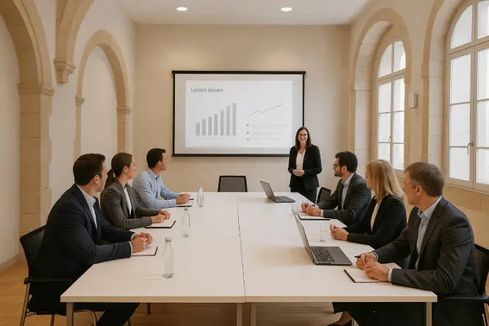 Réunion d’entreprise dans une salle modulable du domaine L’Écrin du Monastère à Montferrand-le-Château, un lieu de prestige au patrimoine unique près de Besançon.