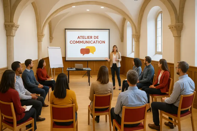 Atelier de formation dans une salle modulable au domaine L’Écrin du Monastère, un lieu adapté à l’apprentissage et aux événements professionnels près de Besançon.