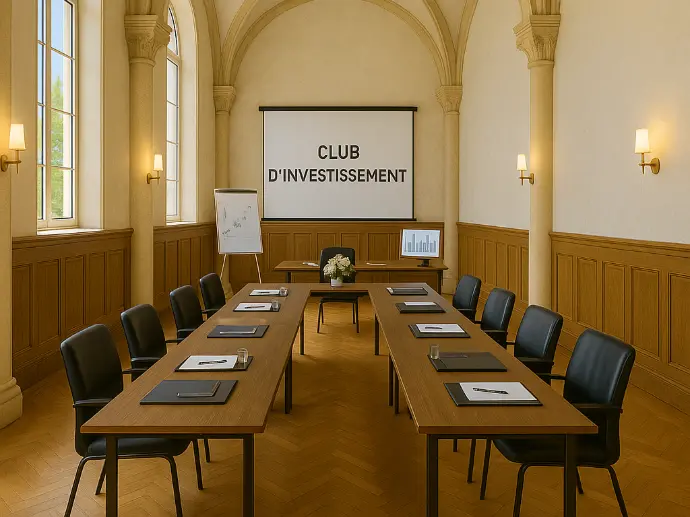 Salle de réunion modulable du domaine, aménagée en U avec tables, chaises et écran de projection.