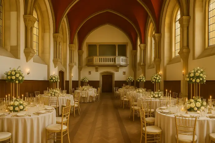 Salle de réception dans l’ancienne chapelle du monastère, aménagée avec tables rondes dressées et fleurs blanches.
