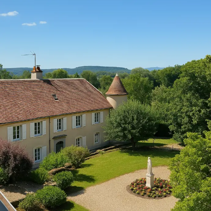vue du château rénové du domaine avec sa cour paysagée et statue centrale, entouré de verdure