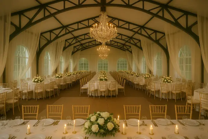 Salle Gustave Eiffel aménagée pour un dîner événementiel, tables dressées avec chandeliers, fleurs blanches et grands lustres.