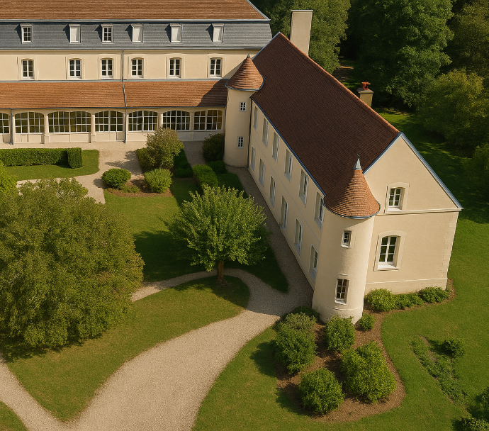 Vue aérienne du domaine L’Écrin du Monastère à Montferrand-le-Château, un cadre d’exception près de Besançon pour organiser votre événement privé ou anniversaire en famille.
