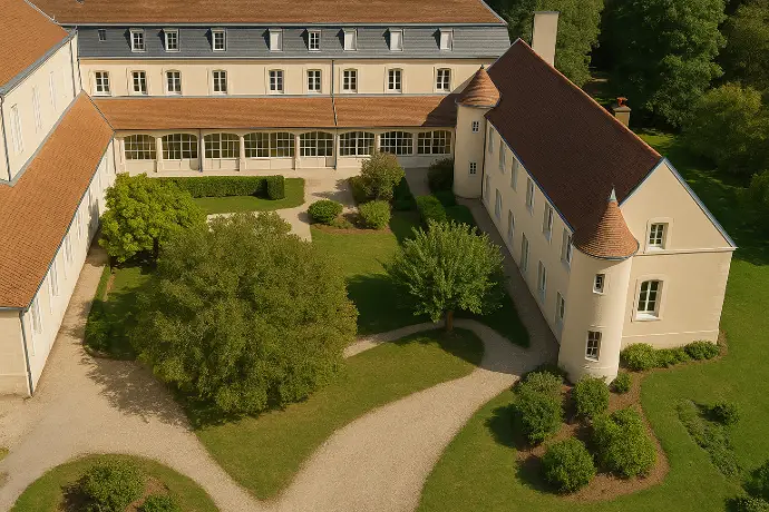 Vue aérienne du domaine L’Écrin du Monastère à Montferrand-le-Château, un cadre patrimonial d’exception pour événements professionnels près de Besançon.