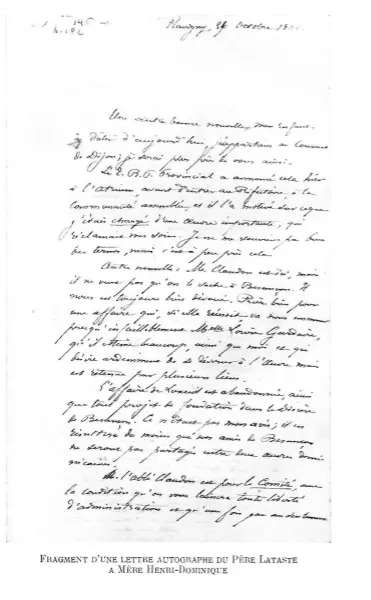 photographie d’archive montrant un fragment manuscrit d’une lettre du père Lataste adressée à Mère Henri-Dominique