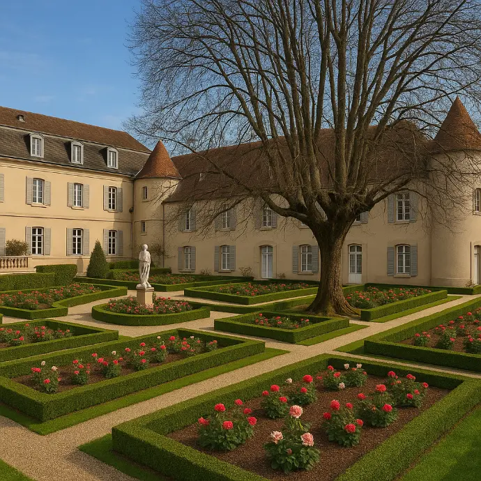 Vue de la cour d’honneur et de la roseraie du domaine L’Écrin du Monastère à Montferrand-le-Château, un lieu d’exception près de Besançon pour mariages et événements.