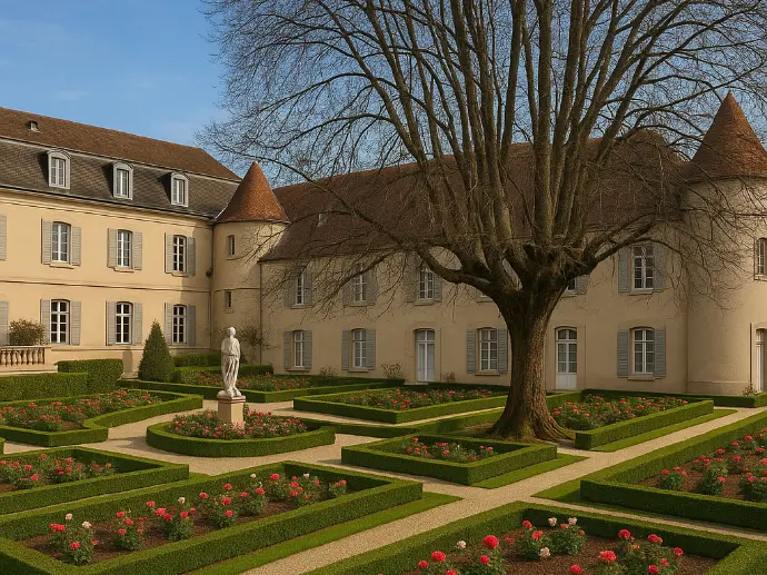 La cour d’honneur du domaine avec la roseraie géométrique, grands arbres et façade du bâtiment historique en arrière-plan.