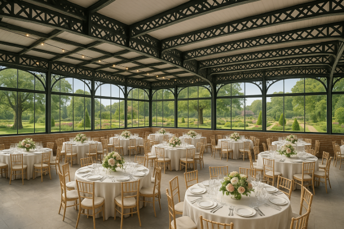 Salle Gustave Eiffel du domaine, baignée de lumière naturelle et vu sur le parc verdoyant de l’Écrin du Monastère, prête pour une réception