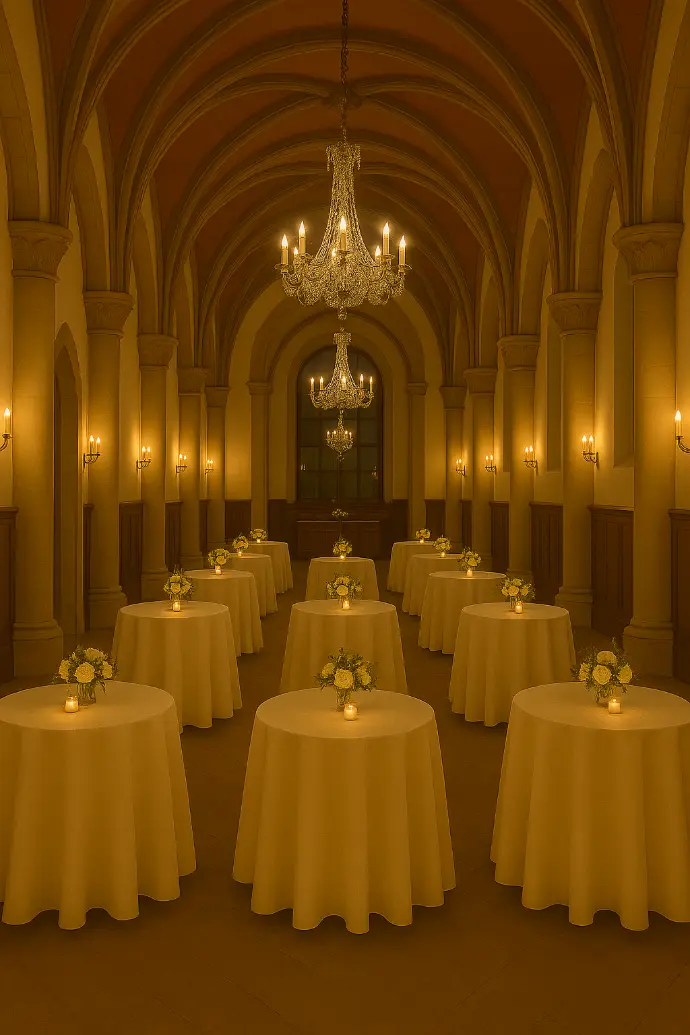 Salle voûtée du domaine éclairée aux chandeliers, prête à accueillir un cocktail élégant à l’Écrin du Monastère